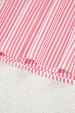Pink Stripe Notched Neck Frilled Short Puff Sleeve Blouse