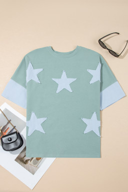 Smoke Green Frayed Denim Star Patched Oversize T Shirt