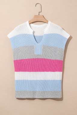 Light Blue Color Block Notch V Neck Sweater T Shirt