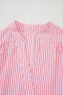 Pink Stripe Notched Neck Frilled Short Puff Sleeve Blouse
