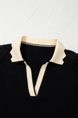 Black Color Contrast Collared V Neck Puff Sleeve Blouse