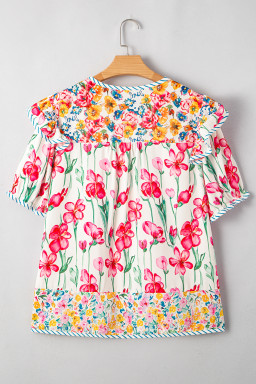 Pink Plus Size Floral Print Striped Trim V Neck Blouse