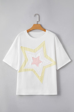 White Star Layered Patched Graphic Drop Shoulder Half Sleeve Loose Tee