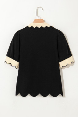 Black Color Contrast Collared V Neck Puff Sleeve Blouse