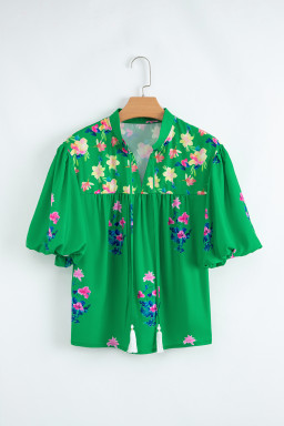 Green Floral Detail Tie Split Neck Short Sleeve Blouse