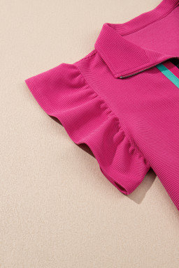 Strawberry Pink Striped Detail Flutter Sleeve Zipped Collar Short Set