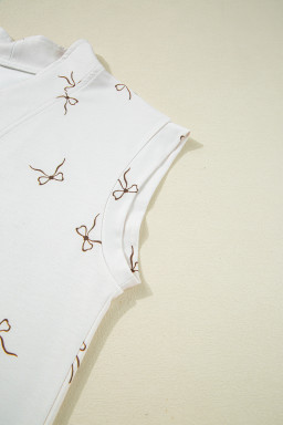 Beige Bow Print Half Zip Tank and Shorts 2pcs Set