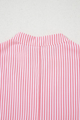 Pink Stripe Notched Neck Frilled Short Puff Sleeve Blouse