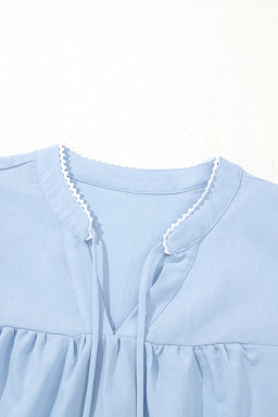 Beau Blue Floral Embroidered Puff Sleeve Split Neck Blouse