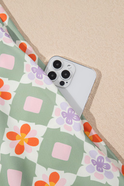 Green Geometric Floral Print 3/4 Sleeve Notched Neck Mini Dress