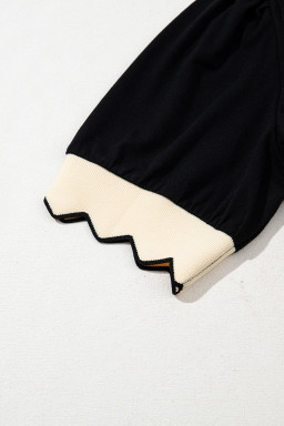 Black Color Contrast Collared V Neck Puff Sleeve Blouse