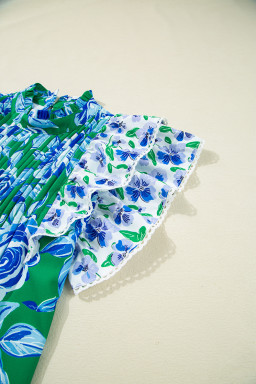 Green Floral Print Lace Trim Contrast Ruffle Sleeve Pleated Loose Blouse