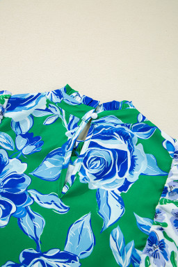 Green Floral Print Lace Trim Contrast Ruffle Sleeve Pleated Loose Blouse