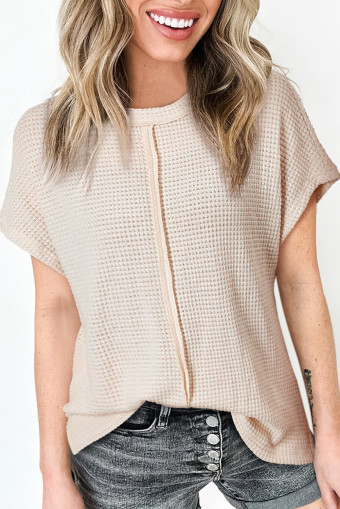 Pale Khaki Solid Color Textured Seamed Short Sleeve Top