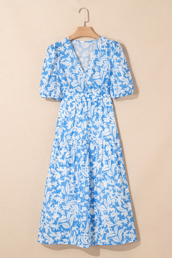 Sky Blue Floral V Neck Puff Short Sleeve Flowy Long Dress