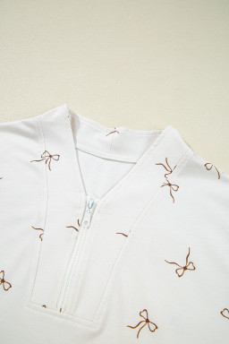 Beige Bow Print Half Zip Tank and Shorts 2pcs Set