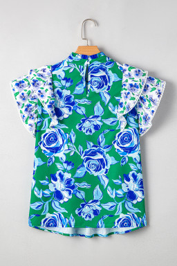 Green Floral Print Lace Trim Contrast Ruffle Sleeve Pleated Loose Blouse