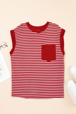 Red Stripe Chest Pocket Patch Round Neck Tank Top