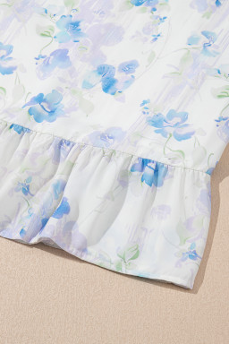 Sky Blue Floral Smocked High Waist Double Ruffle Sleeveless Long Dress