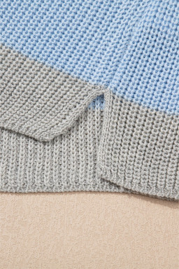 Light Blue Color Block Notch V Neck Sweater T Shirt