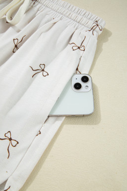 Beige Bow Print Half Zip Tank and Shorts 2pcs Set