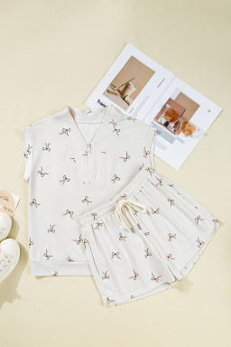 Beige Bow Print Half Zip Tank and Shorts 2pcs Set