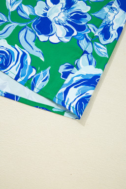 Green Floral Print Lace Trim Contrast Ruffle Sleeve Pleated Loose Blouse