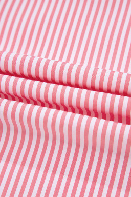 Pink Stripe Notched Neck Frilled Short Puff Sleeve Blouse