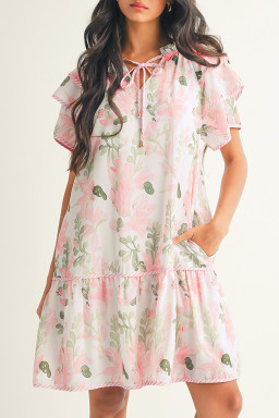 Pink Floral Contrast Edge Layered Short Sleeve Mini Dress