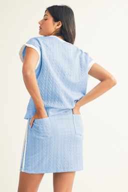 Beau Blue Contrast Trim Textured Crewneck Tee and Pocketed Skirt Set
