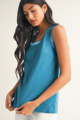 Peacock Blue Metallic Sheen Edge Scoop Neck Tank Top
