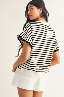 Black Stripe Scallop Lace Trim Ruffle Short Sleeves Crewneck Top