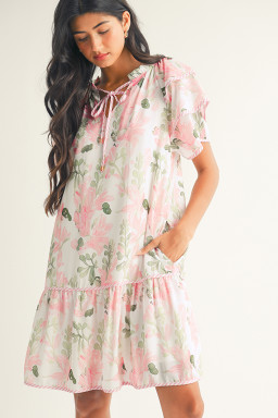 Pink Floral Contrast Edge Layered Short Sleeve Mini Dress