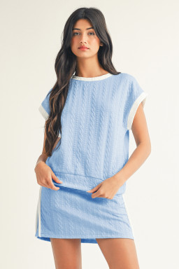 Beau Blue Contrast Trim Textured Crewneck Tee and Pocketed Skirt Set