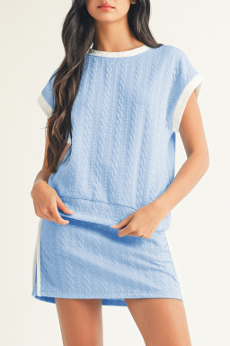 Beau Blue Contrast Trim Textured Crewneck Tee and Pocketed Skirt Set