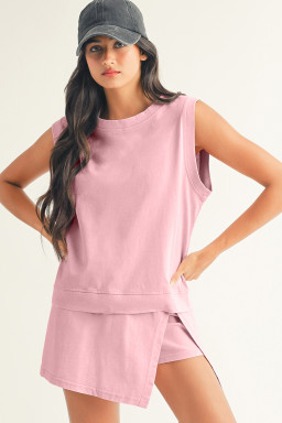 Light Pink 2 Pieces Mineral Wash Cotton Tank Top Lined Split Skort Set