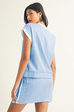 Beau Blue Contrast Trim Textured Crewneck Tee and Pocketed Skirt Set