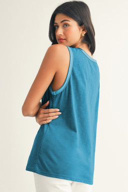 Peacock Blue Metallic Sheen Edge Scoop Neck Tank Top