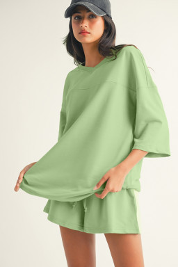 Meadow Mist Green Solid Loose V Neck Half Sleeve Tee and Shorts