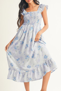 Sky Blue Floral Smocked High Waist Double Ruffle Sleeveless Long Dress
