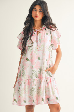 Pink Floral Contrast Edge Layered Short Sleeve Mini Dress