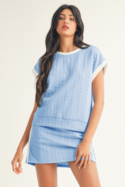 Beau Blue Contrast Trim Textured Crewneck Tee and Pocketed Skirt Set