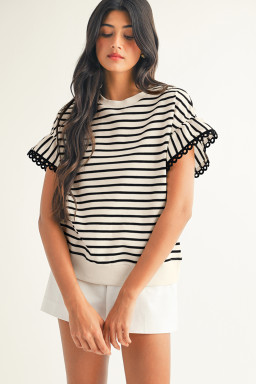 Black Stripe Scallop Lace Trim Ruffle Short Sleeves Crewneck Top