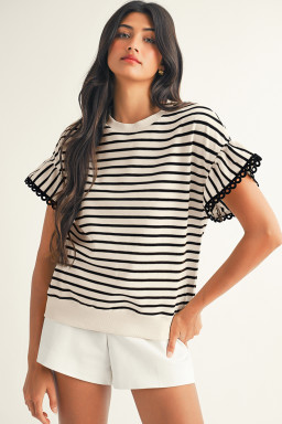 Black Stripe Scallop Lace Trim Ruffle Short Sleeves Crewneck Top