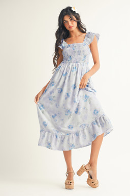 Sky Blue Floral Smocked High Waist Double Ruffle Sleeveless Long Dress