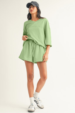 Meadow Mist Green Solid Loose V Neck Half Sleeve Tee and Shorts