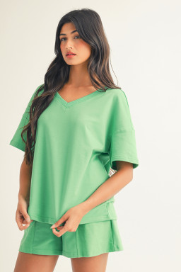 Mint Green V Neck Drop Shoulder Tee and Patchwork Drawstring Elastic Waistband Shorts Set