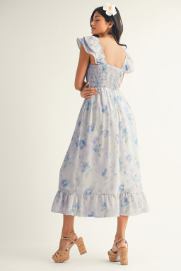 Sky Blue Floral Smocked High Waist Double Ruffle Sleeveless Long Dress