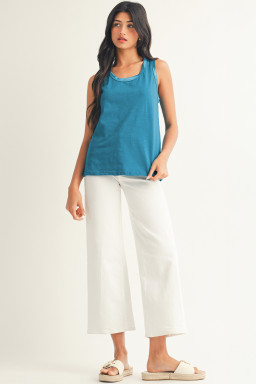 Peacock Blue Metallic Sheen Edge Scoop Neck Tank Top