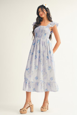 Sky Blue Floral Smocked High Waist Double Ruffle Sleeveless Long Dress